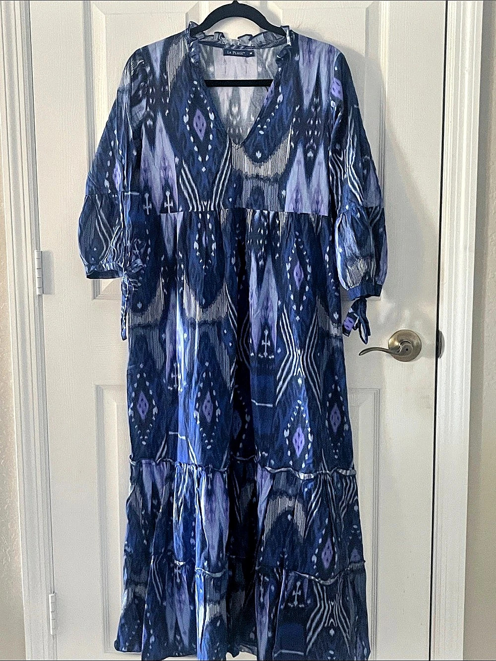 La Plage Geometric Cotton Maxi Dress in Blue & Purple Size Medium